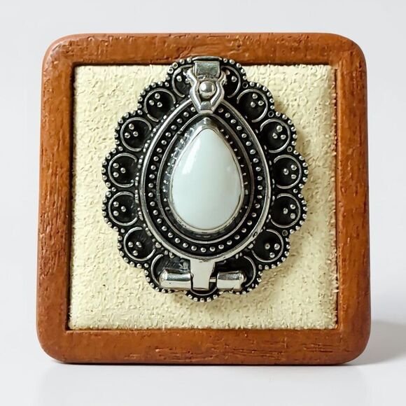 Natural Moonstone Cabochon Poison Pillbox Locket Ring Boho Sterling Silver New